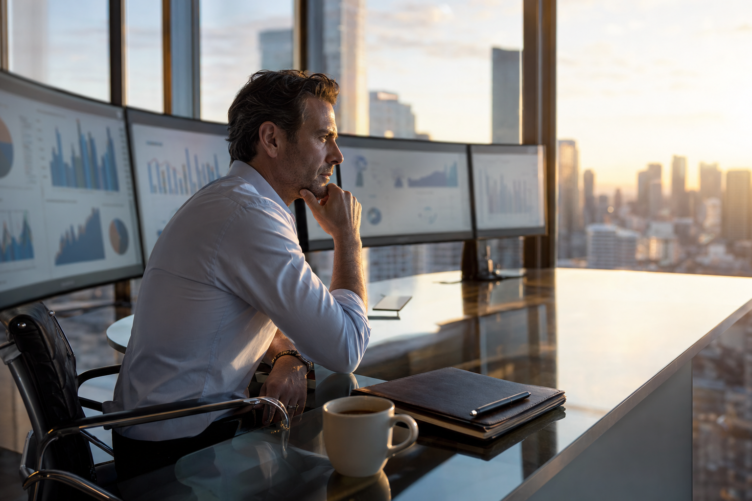 Executive studying business intelligence data on curved monitors in a corner office at golden hour