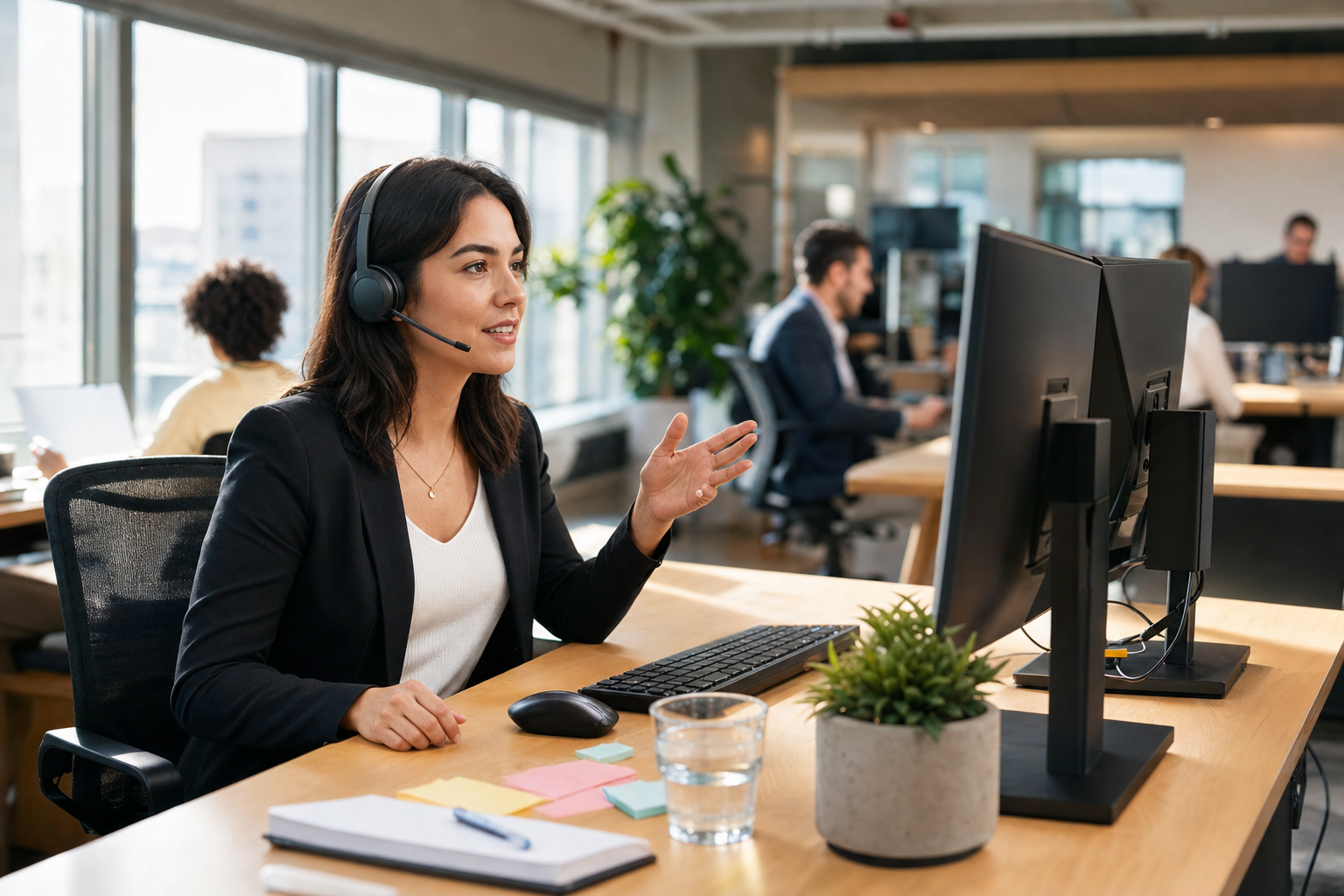 Sales professional on a wireless headset at a standing desk in a modern open-plan office