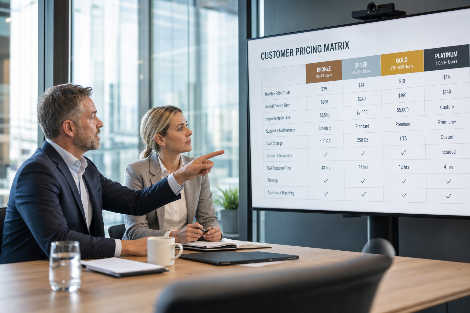 Sales director and finance manager reviewing a multi-tier customer pricing matrix in a modern conference room