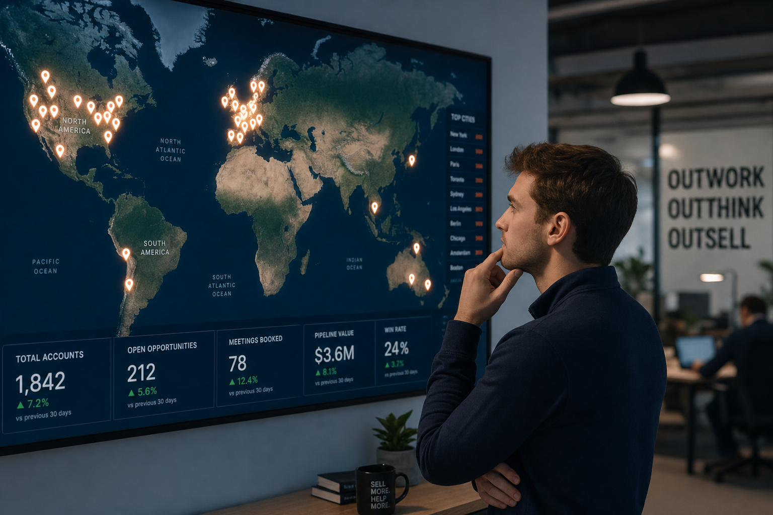 Sales development representative analysing a digital world map with business location pins across city centres