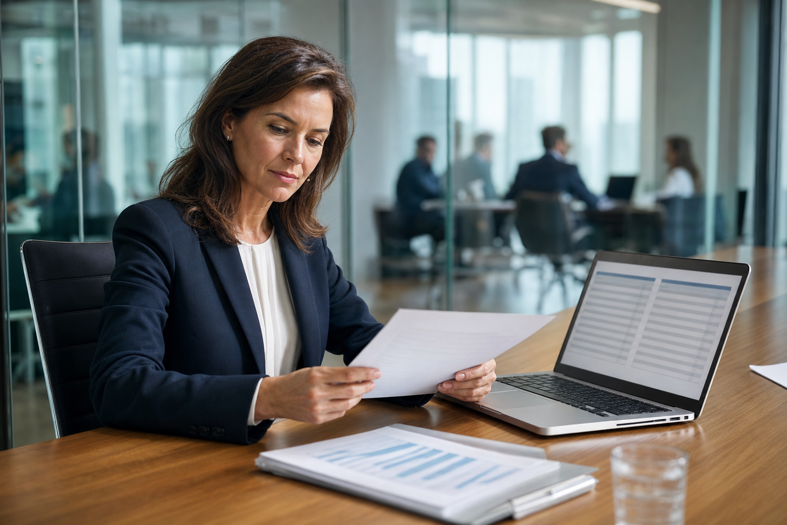 CFO reviewing profitability report in a glass-walled conference room