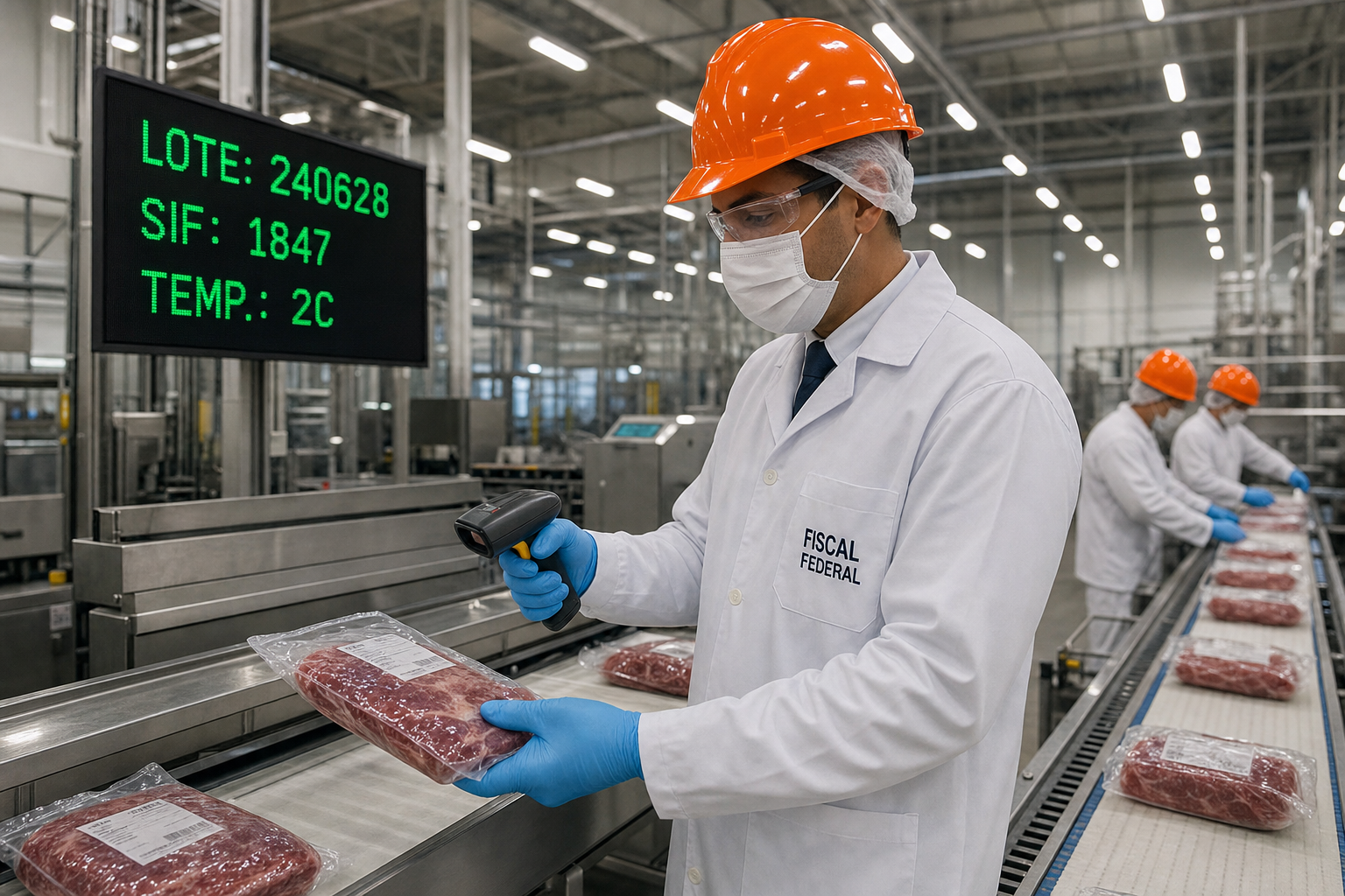Federal food inspector in white hygiene coat and orange hard hat scanning a vacuum-sealed package on a stainless steel conveyor in a modern Brazilian food processing plant, with a batch traceability display board visible in the background