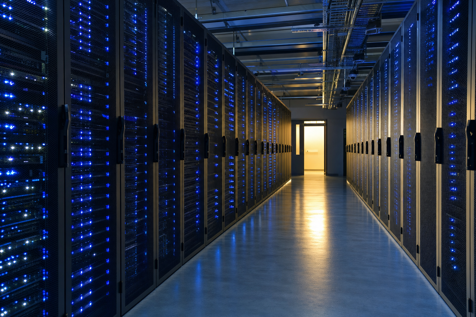 Modern data center corridor at night, rows of illuminated server racks receding into the distance, with a bright open doorway visible at the far end, suggesting accessibility and transparency
