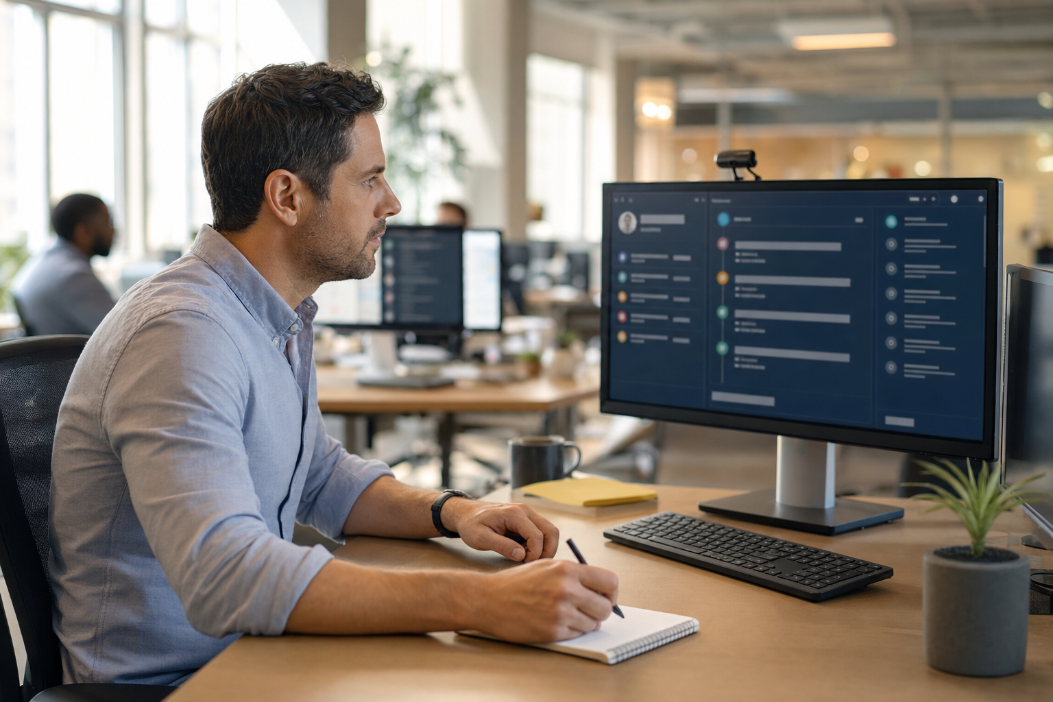 Sales manager reviewing a customer account on a large monitor in a modern open-plan sales office