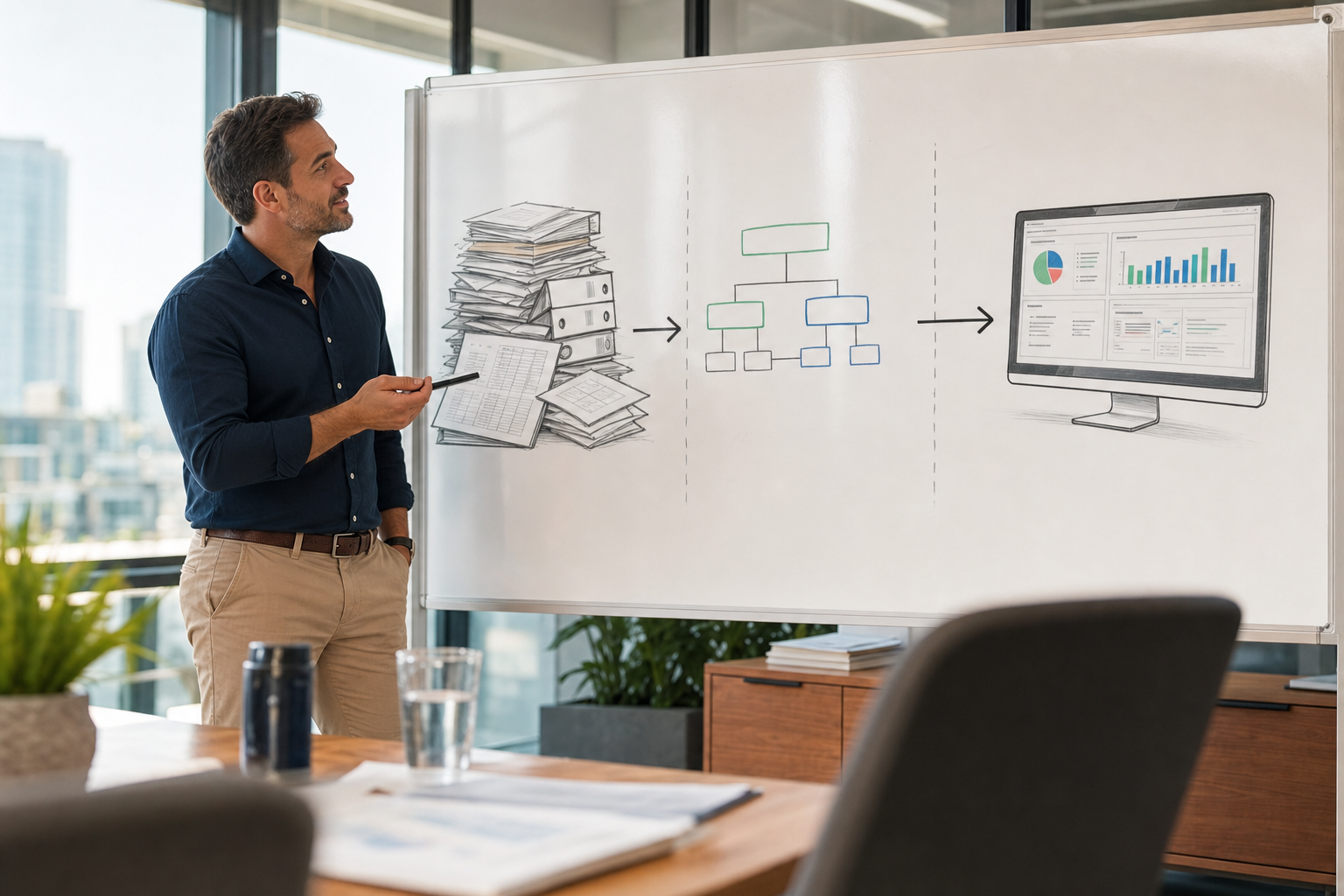 A business operations manager reviewing a system migration project board in a modern office, with data visualisations on screens in the background