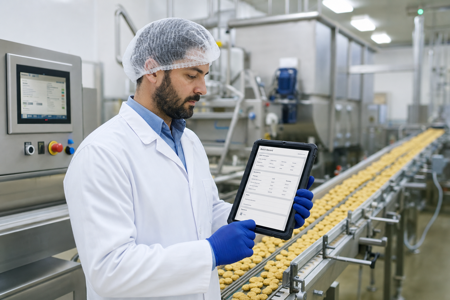 Food production supervisor reviewing electronic batch record on tablet at manufacturing line