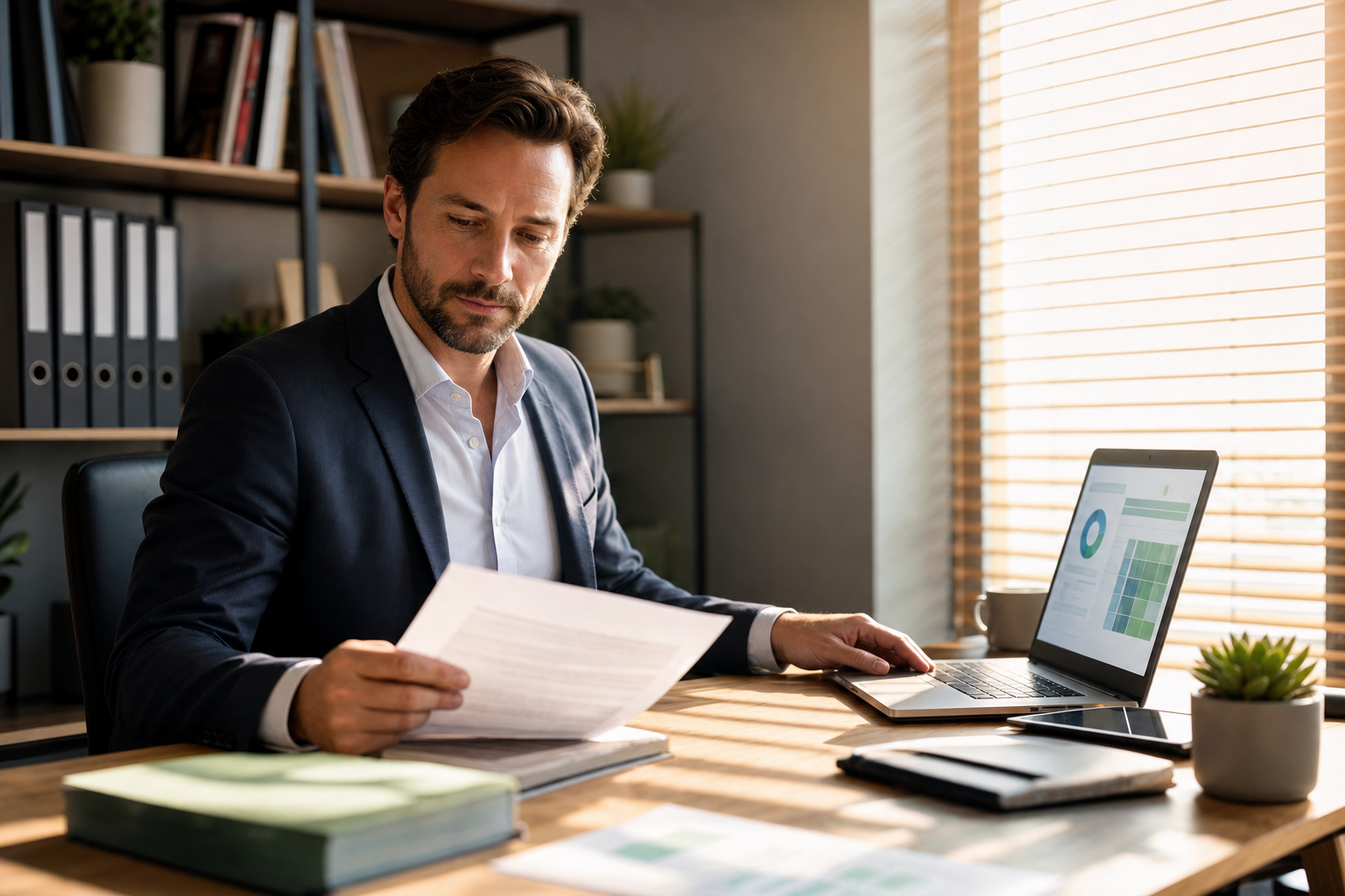 Sustainability manager reviewing compliance documentation at a modern office desk