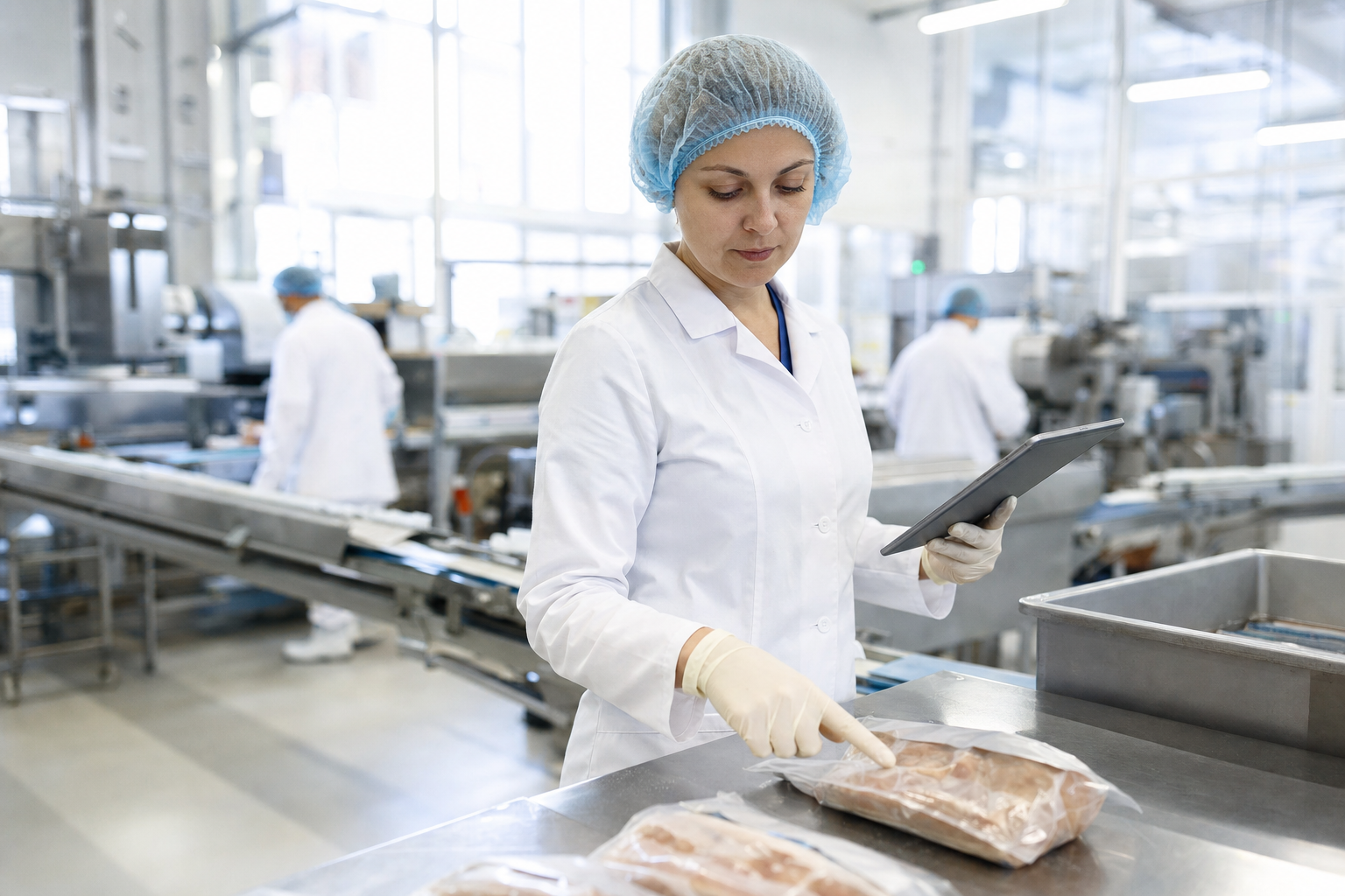 Food quality control inspector in white lab coat and hairnet examining packaged products on a production line