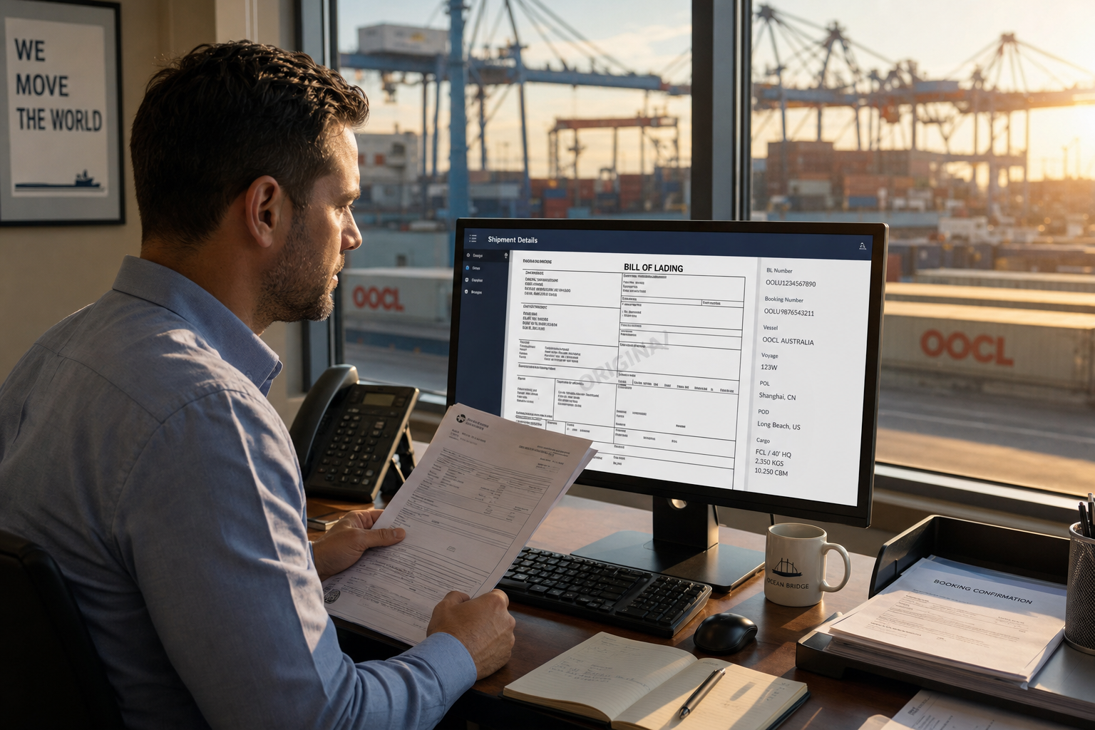 A close-up shot of a customs officer in a high-visibility jacket stamping a stack of export documents on a clipboard at a busy port.