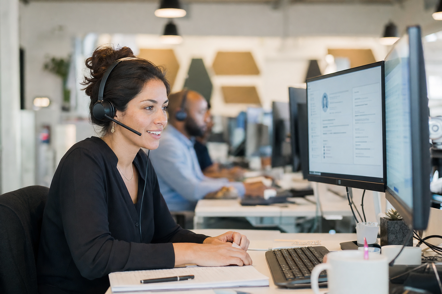 Customer service representative on headset at a modern support workstation