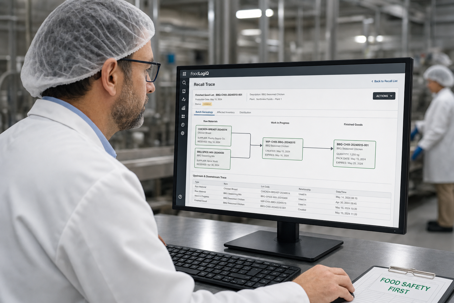 A quality control manager in a food production facility using a tablet to review a digital batch record, with production lines and machinery visible in the background.