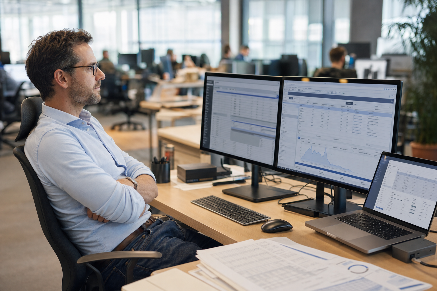 Operations manager at a desk with multiple monitors showing different software interfaces in a modern office