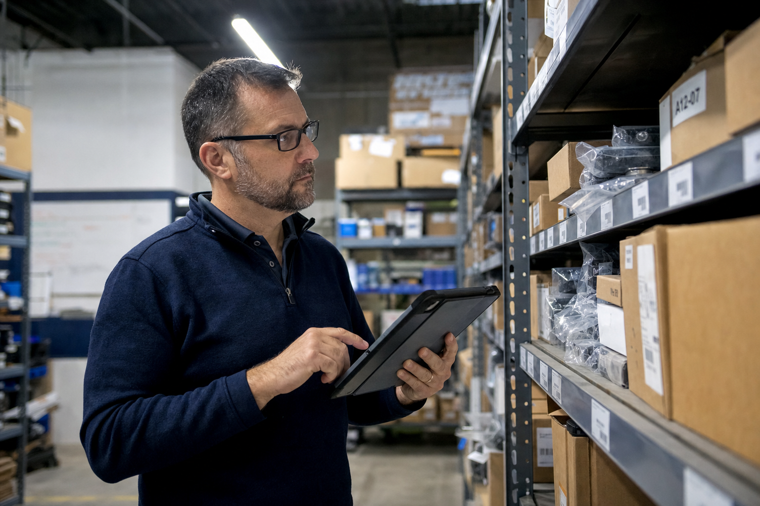 A focused warehouse manager using a rugged tablet to scan a barcode on a pallet rack, with warehouse shelving stretching into the background.