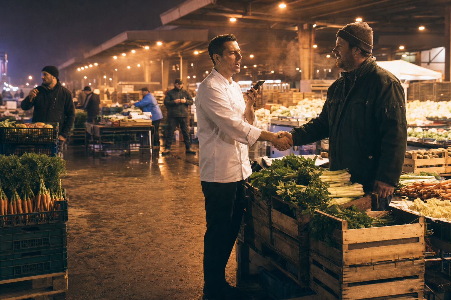 A buyer in a chef's white jacket shakes hands with a produce vendor at a wholesale food market at 5am, smartphone in hand mid-dictation, orange sodium floodlights, light mist in cold morning air