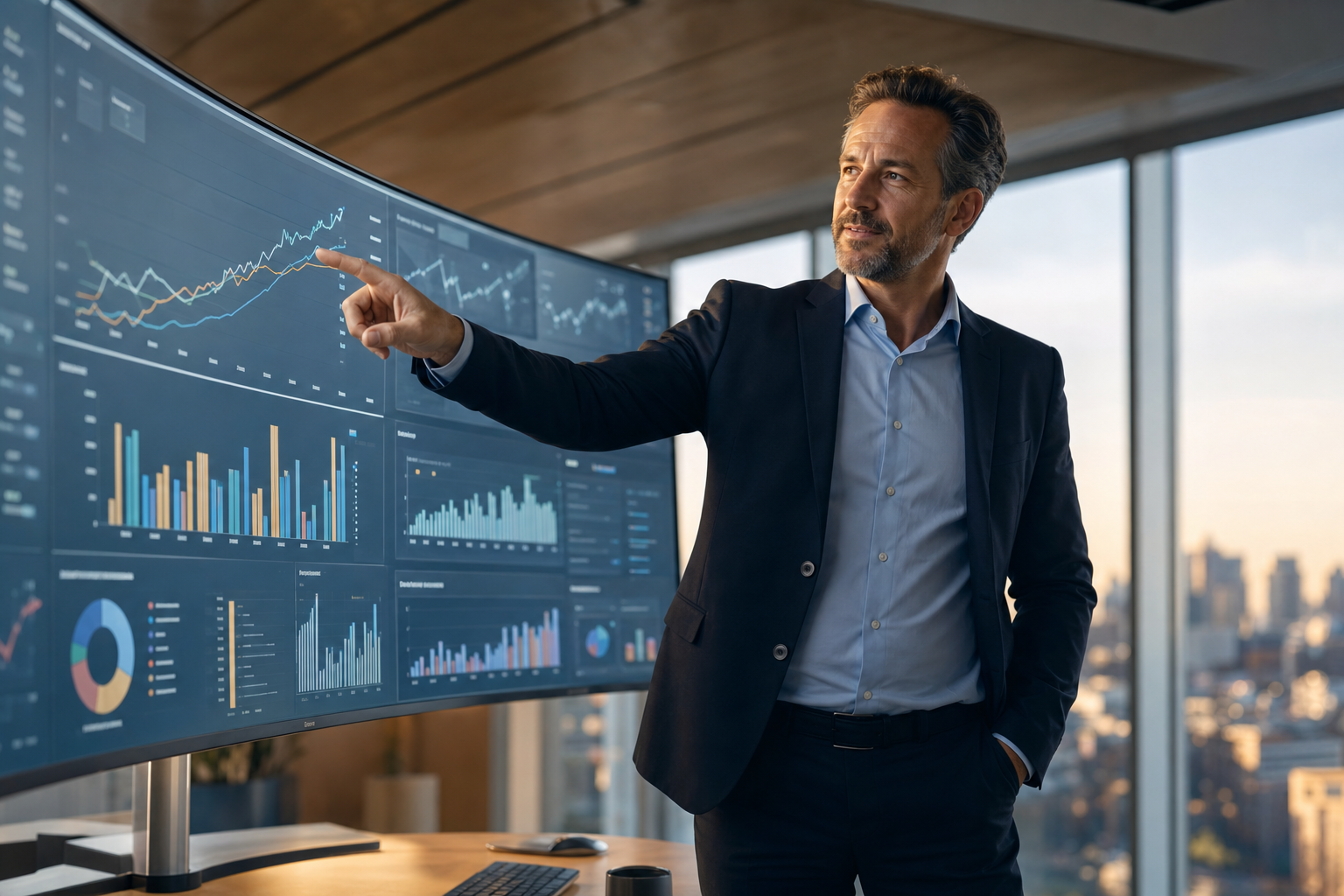 Operations director pointing at forecast charts on a large curved monitor in a modern corporate office