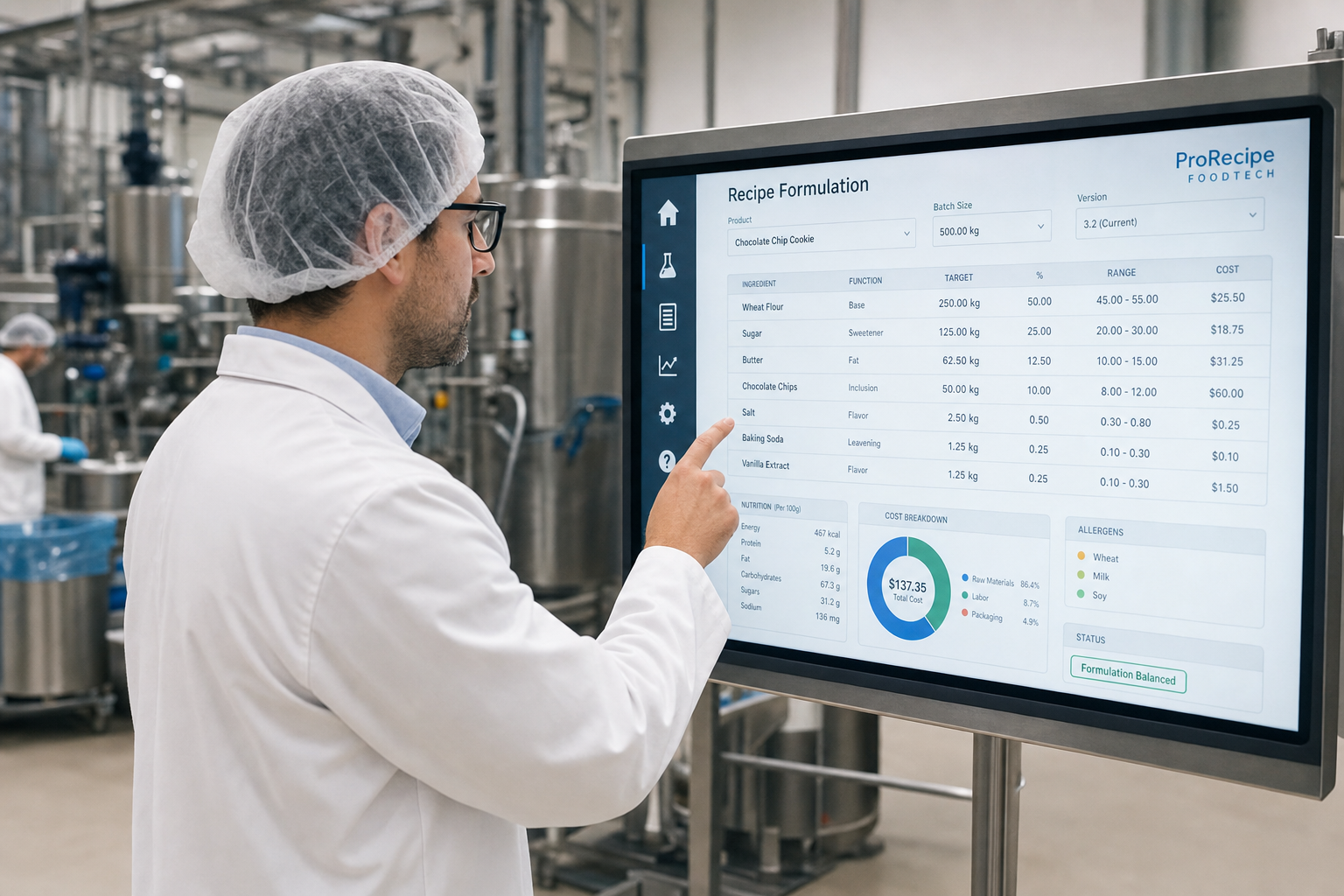 A food production manager using a tablet to view a digital recipe in a modern, clean factory environment.