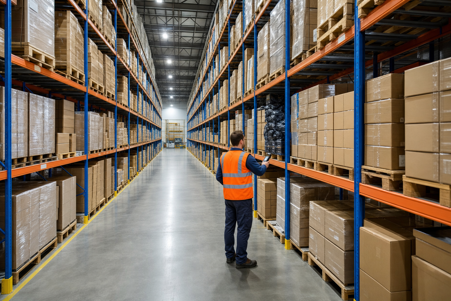 Modern distribution warehouse interior with organised racking