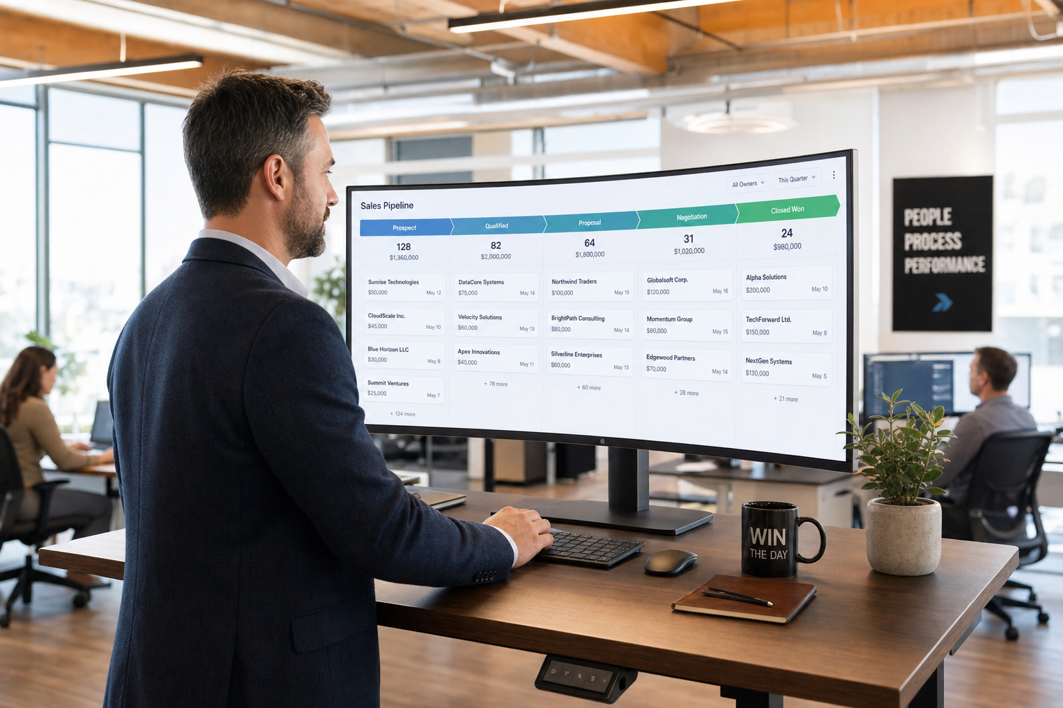 Sales manager reviewing unified CRM pipeline dashboard showing deals from prospect to closed-won